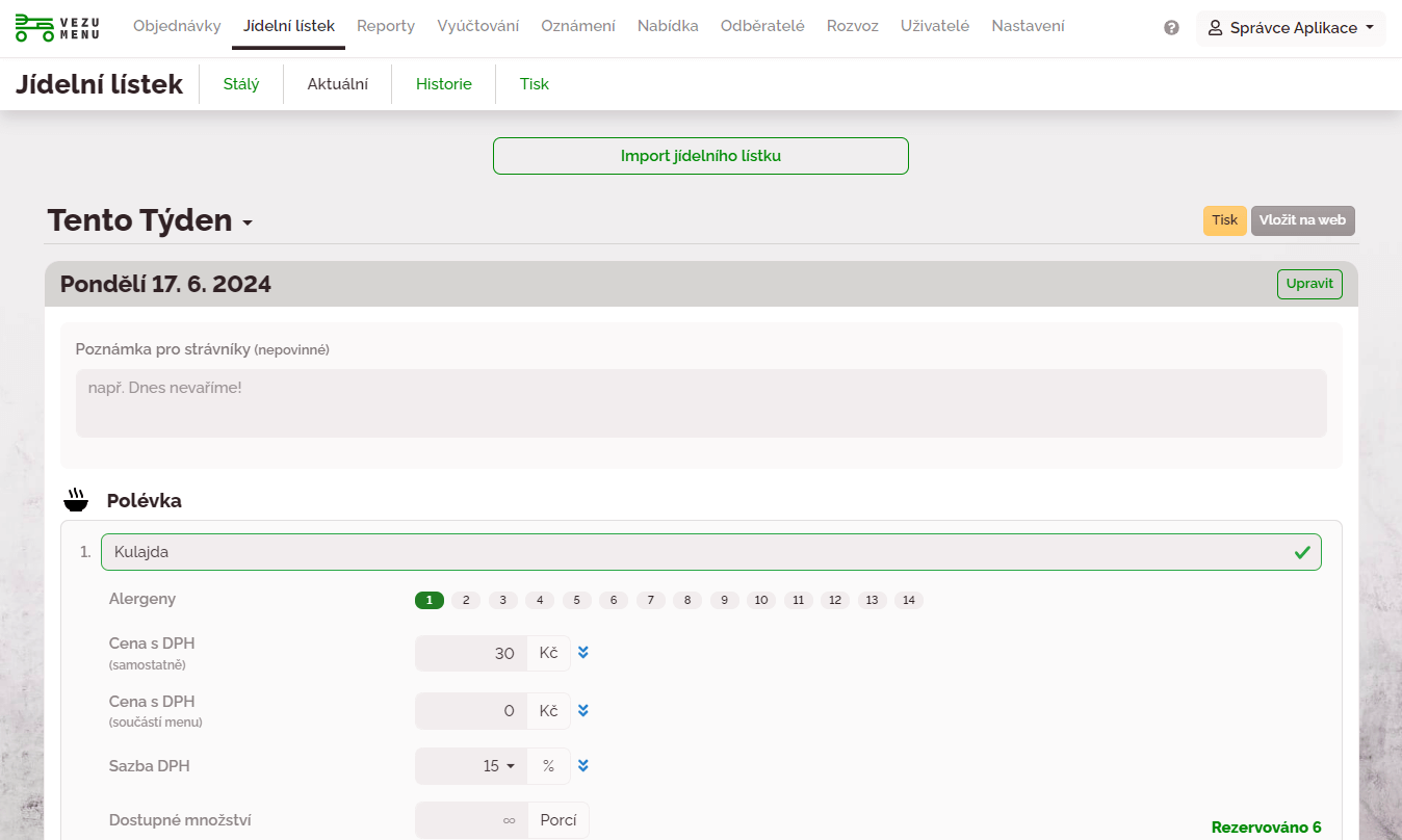 Snadné zadávání jídelního lístku